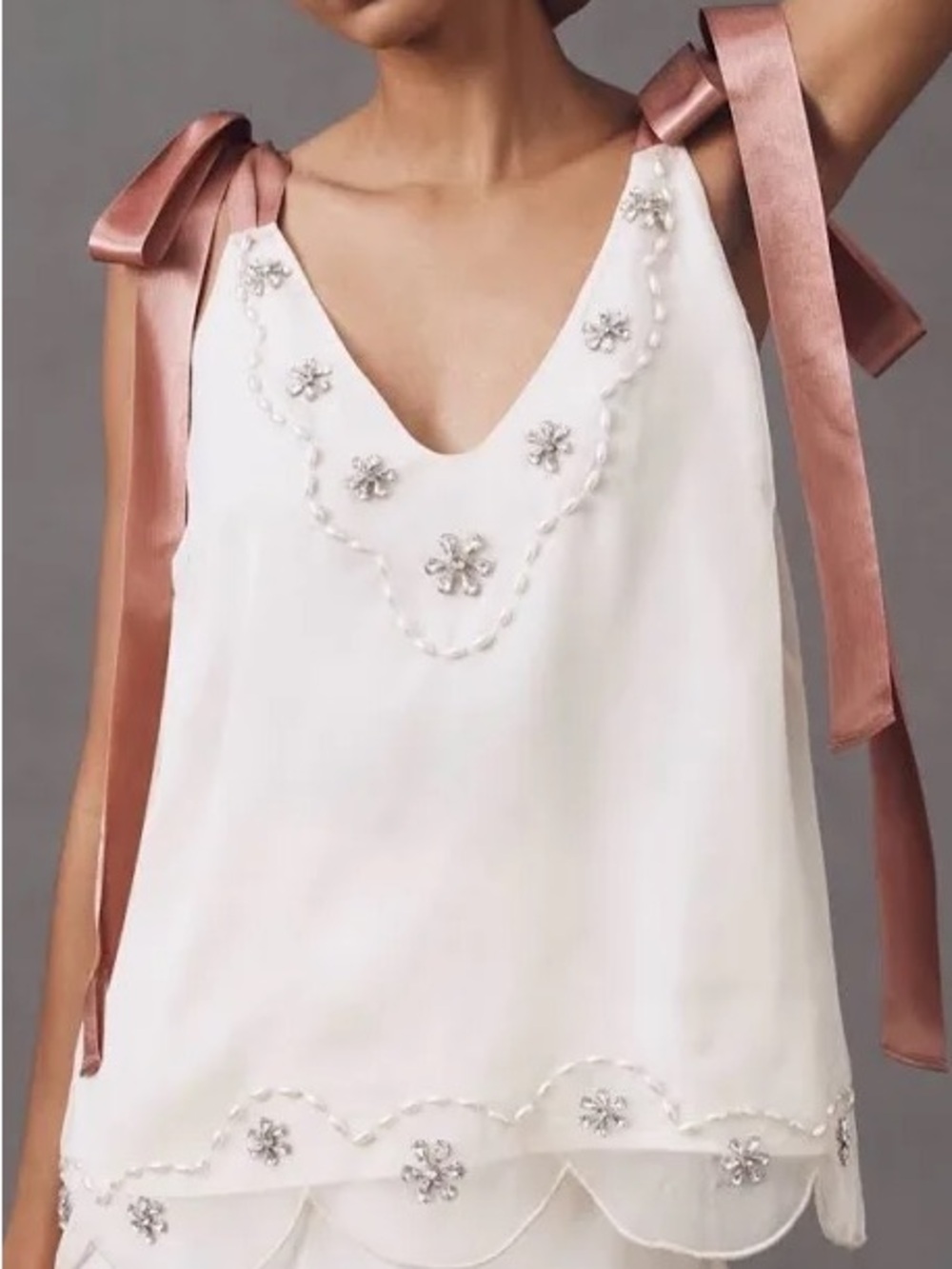 Anthropologie Pearl & Sequin Flower Embellished Camisole Satin Bow Top Small